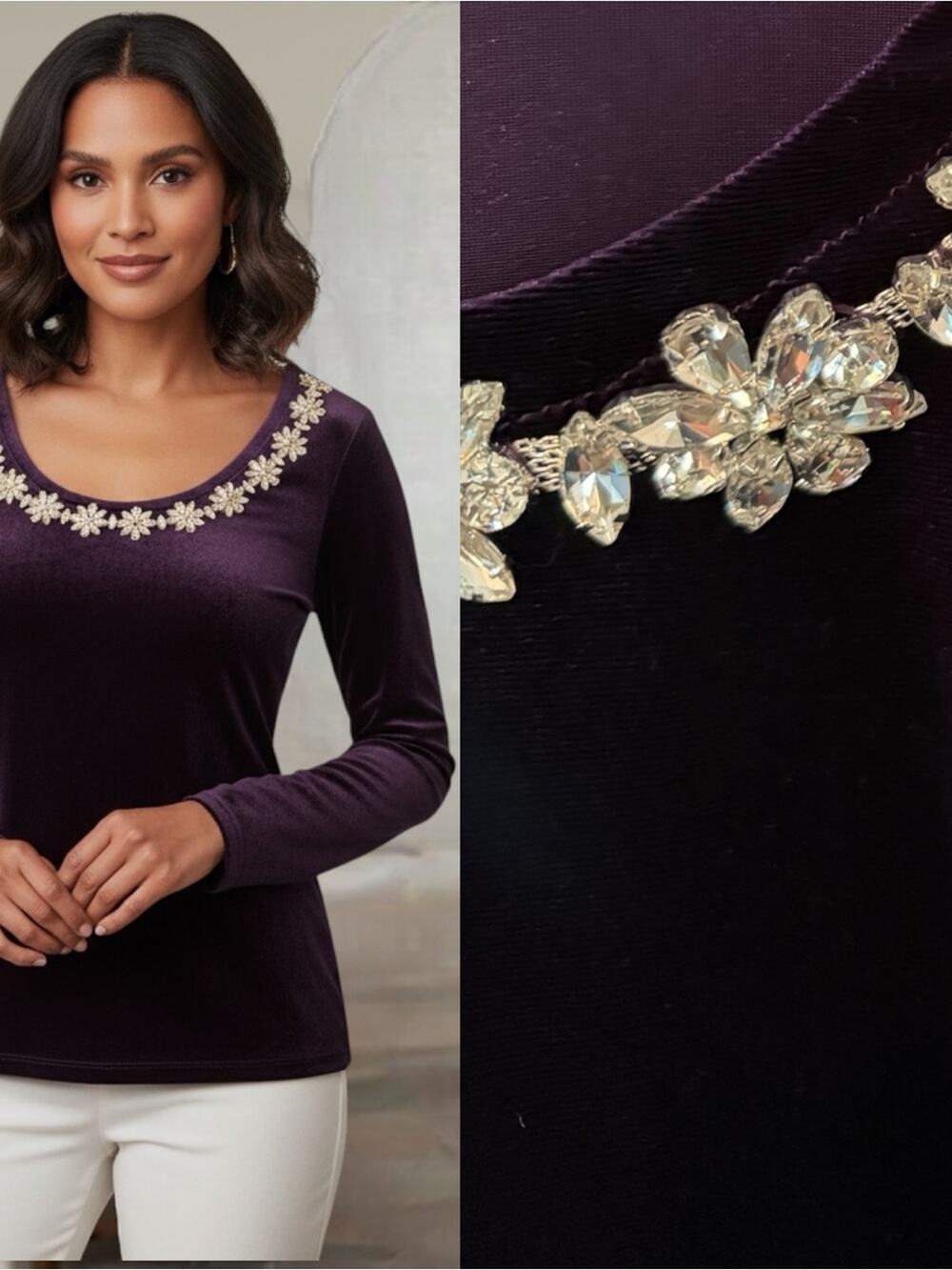 Boston Proper NWOT Velvet Scoop Neck Top Floral Crystal Embellishment medium